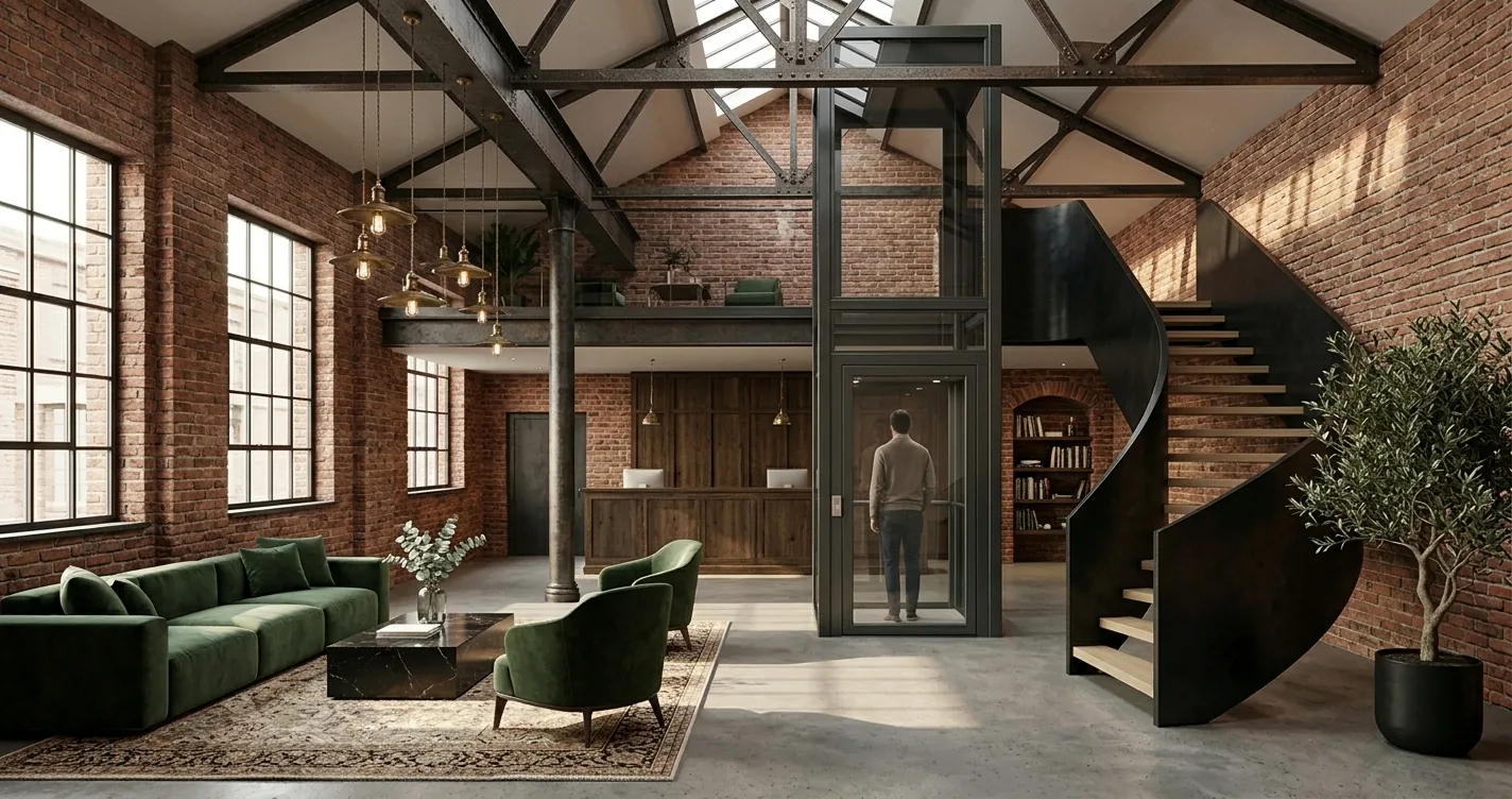 OnLevel platform lift installed as the architectural centrepiece of a converted Victorian warehouse with exposed brick, steel trusses and a sculptural black staircase