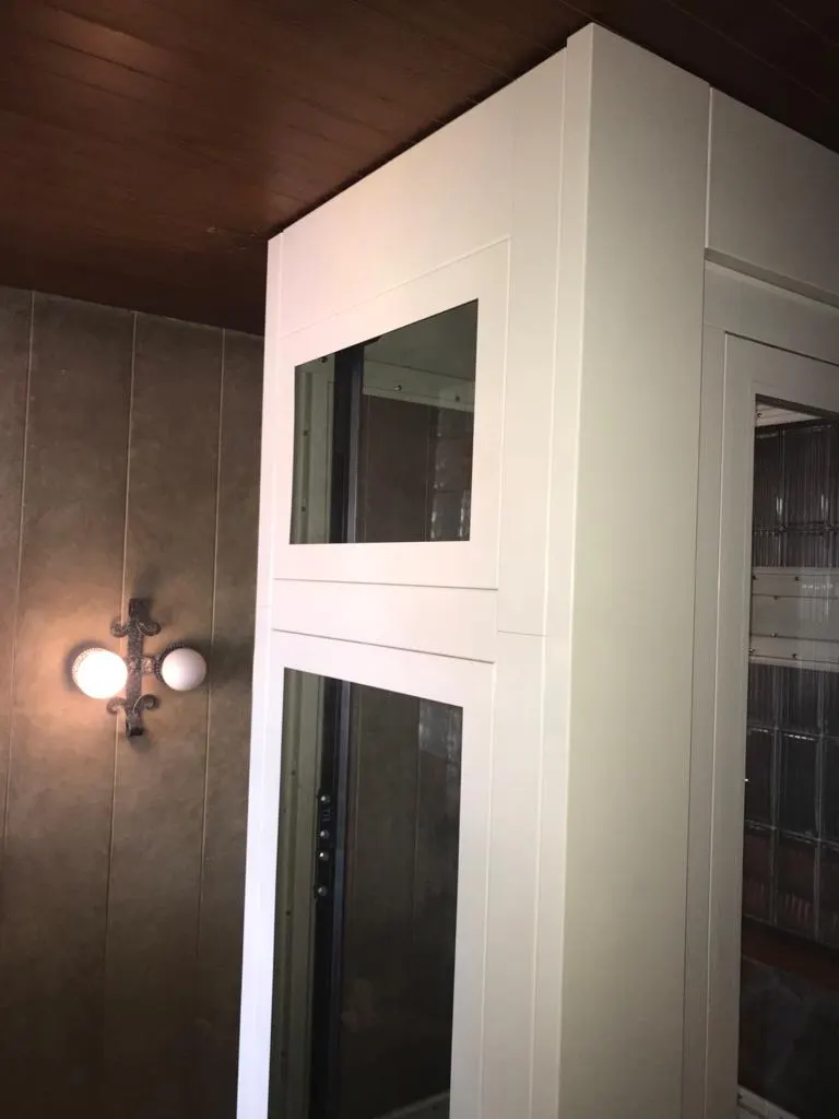 White glazed OnLevel EV8 lift shaft beneath a warm timber ceiling
