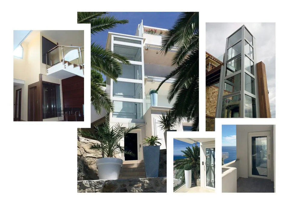 Professional photography of OnLevel TV300 glass lift towers installed at coastal homes