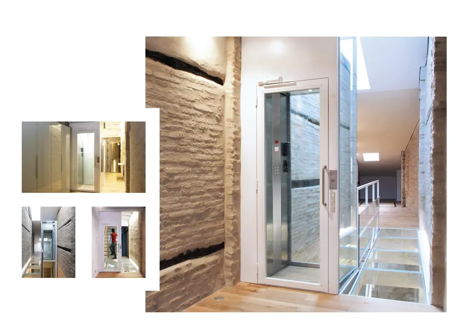 OnLevel TV300 glass home lift installed against a rustic stone wall with glass-floor landing