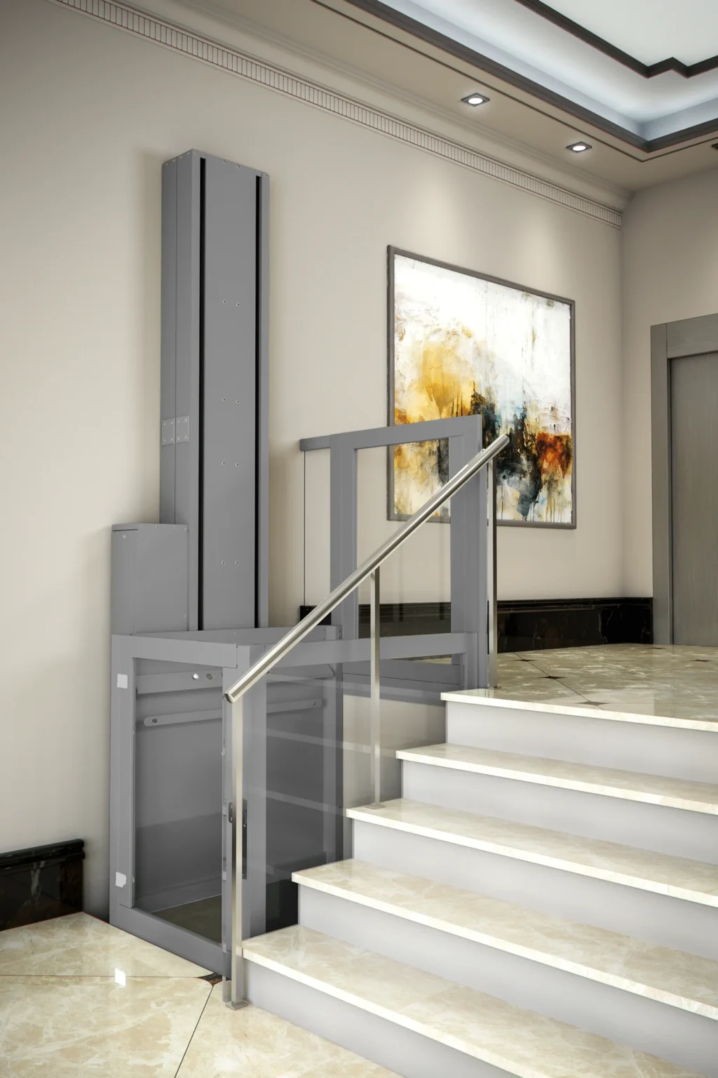 An OnLevel PV-30 vertical platform steplift providing step-free wheelchair access beside a marble staircase in a public foyer