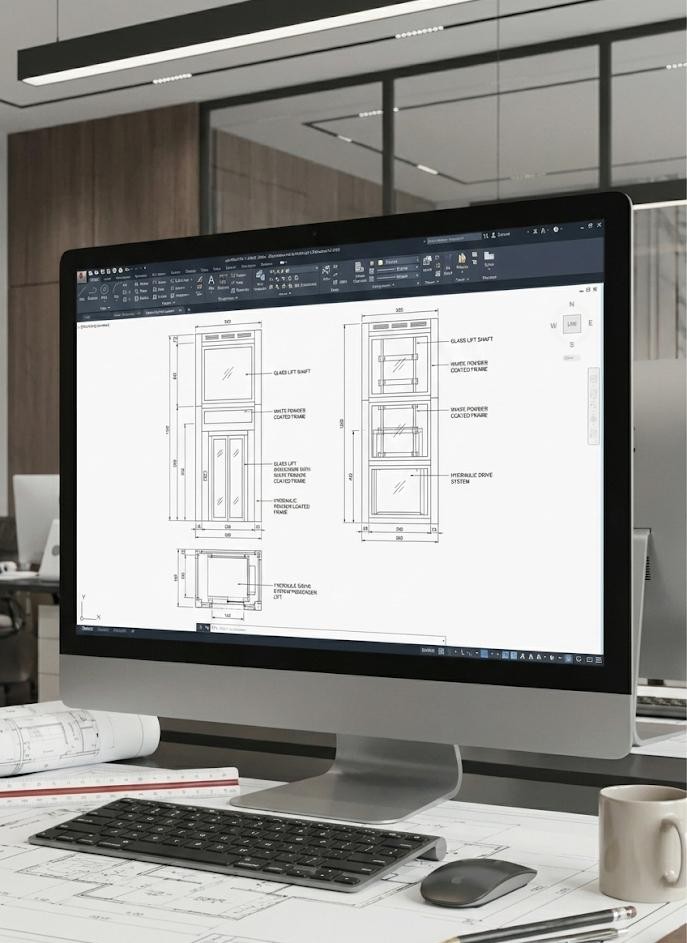 OnLevel platform lift shaft technical drawings shown on a designer&rsquo;s screen — CAD and BIM specification detail for architects